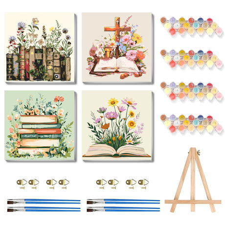 4 Pack Book Paint by Numbers Kit for Adults, Flower Adult Paint by Number Kits with Easel, Small Easy Paint by Numbers for Adults Beginners, DIY Painting on Canvas for Home Wall Art Decor 8x8 Inch CraftCraze