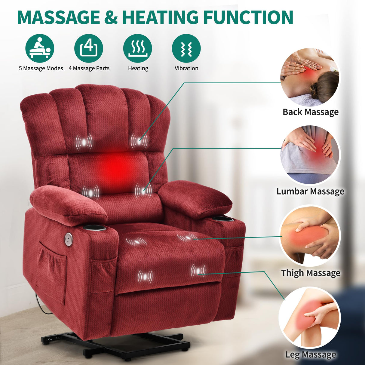 YITAHOME Power Lift Recliners Chair for Elderly with Heat and Massage Electric Recliner Chair for Living Room, 2 Cup Holders, Front and Side Pockets, Remote Control, Burgundy3 YITAHOME