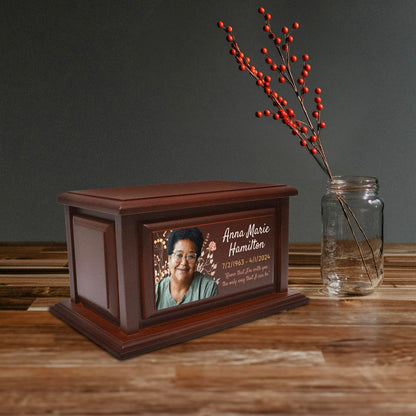 Personalized Solid Wood Human Urns for Ashes 250lbs, Custom Urn Box for Human Ashes, Large Burial and Cremation Urns for Ashes, Cherry Wood Color (Design 6) - WoodArtSupply