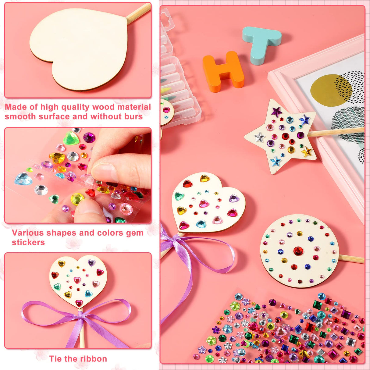 Chumia 42 Pcs Princess Fairy Wands Kit Include 28 Wooden Princess Wand, 6 Gem Stickers, 8 Ribbons, Birthday Party Supplies, Unfinished DIY Moon Butterfly Make Your Own Wand Chumia