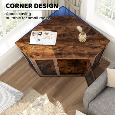 VITESSE Corner Dog Crate Furniture, 44/52inch Durable Wooden Dog Kennel End Table, Indoor Decorative Puppy Kennel with Metal Mesh, Heavy-Duty Pet House for Large Dogs with Portable Switch, TV Stand VITESSE