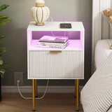Modern Nightstand with Charging Station and LED Lights, White Bedside Table with Drawer, Fluted Side Table for Living Room, Bedroom JOONEE