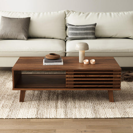 Furniway Mid Century Modern Coffee Table, Wood Coffee Table with Storage, Farmhouse Table for Living Room, Apartment, Walnut Furniway