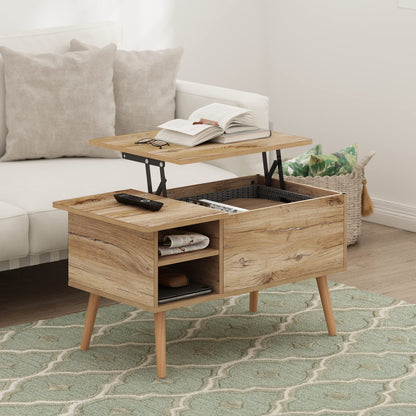 Furinno Jensen Wooden Leg Lift Top Coffee Table with Hidden Compartment and Side Open Storage Shelf for Living Room, Flagstaff Oak - WoodArtSupply