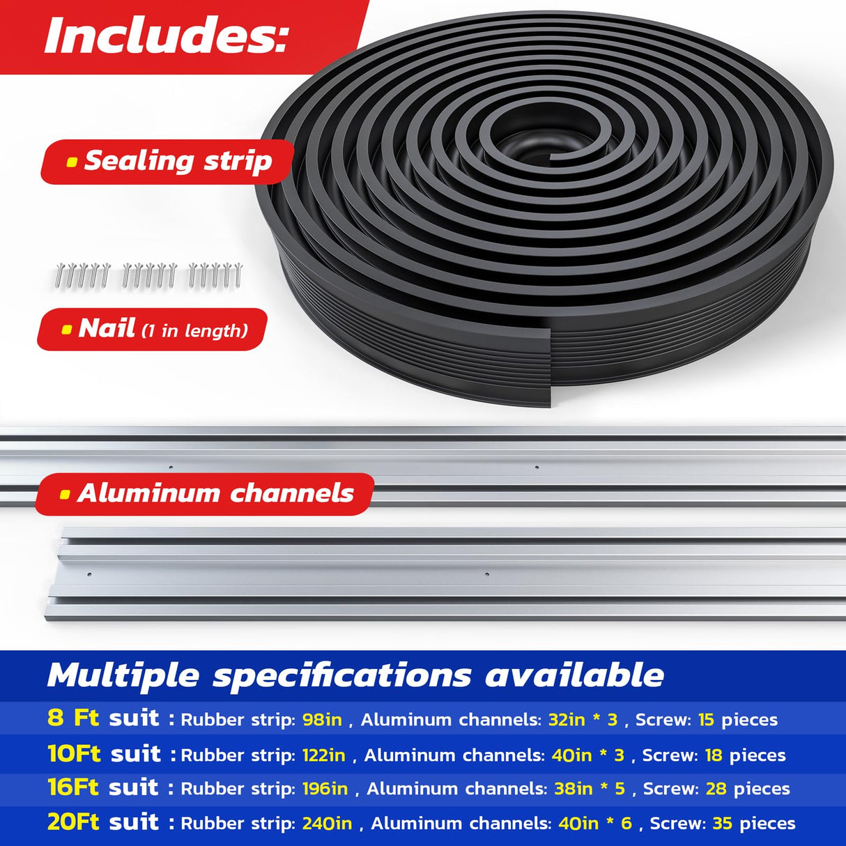 Jin&Bao Garage Door Bottom Seal with Pre-drilled Aluminum Track Retainer Base Kit, Heavy Duty U+O Ring Combination Garage Door Weather Stripping Kit (16FT) Jin&Bao