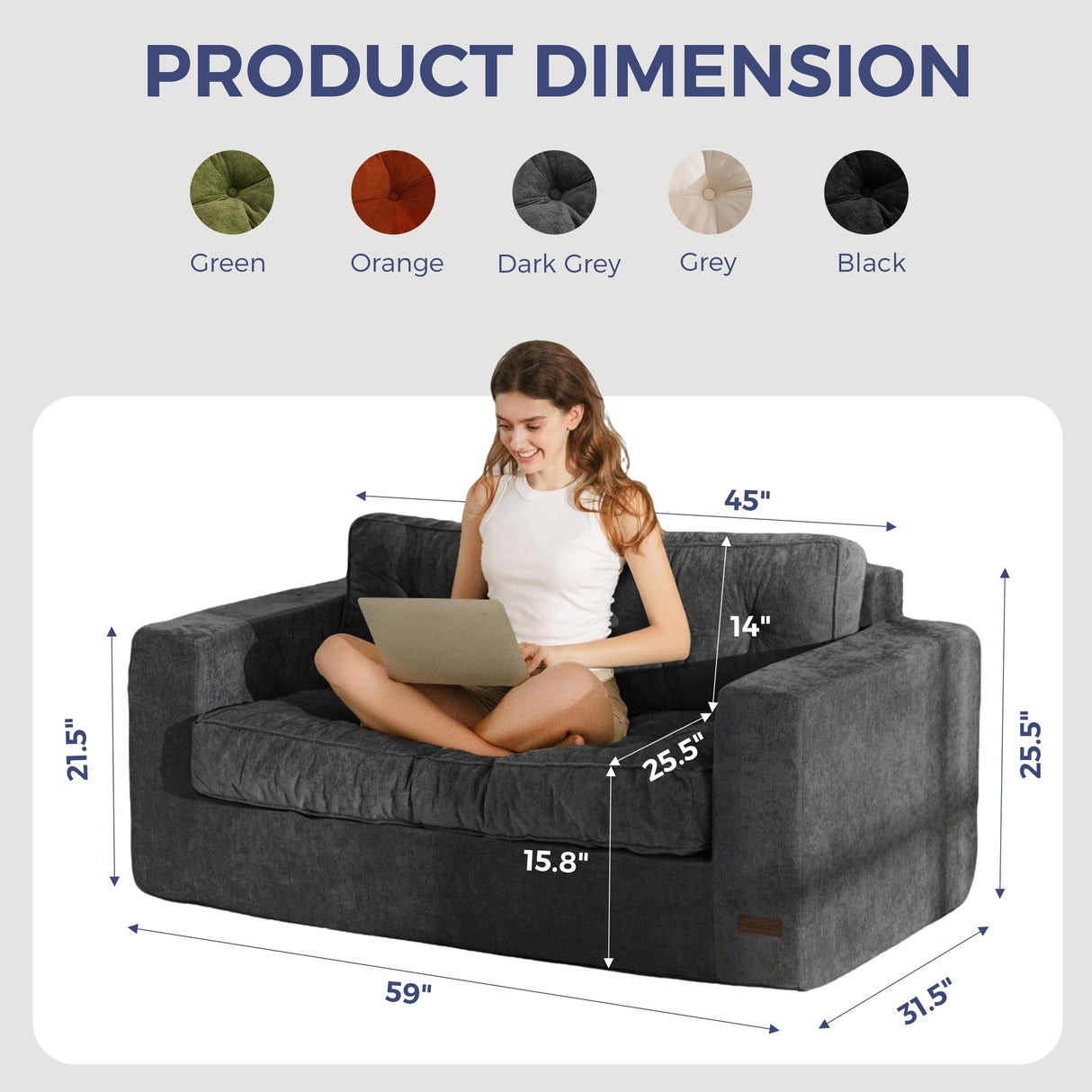 MAXYOYO Boneless Sofa Couch, Loveseat Sofa for Small Space, Tufted 2-Seater Floor Couch Bean Bag Chair for Living Room Bedroom Apartment, Sofa in a Box, No Assembly Needed, Dark Grey MAXYOYO