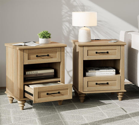 WAMPAT Set of 2 Nightstands with Drawers & Charging Station, Farmhouse Bedside Table with Open Shelf, Nightstand with Solid Wood Feet, Oak End Tables for Bedroom Living Room, Natural WAMPAT