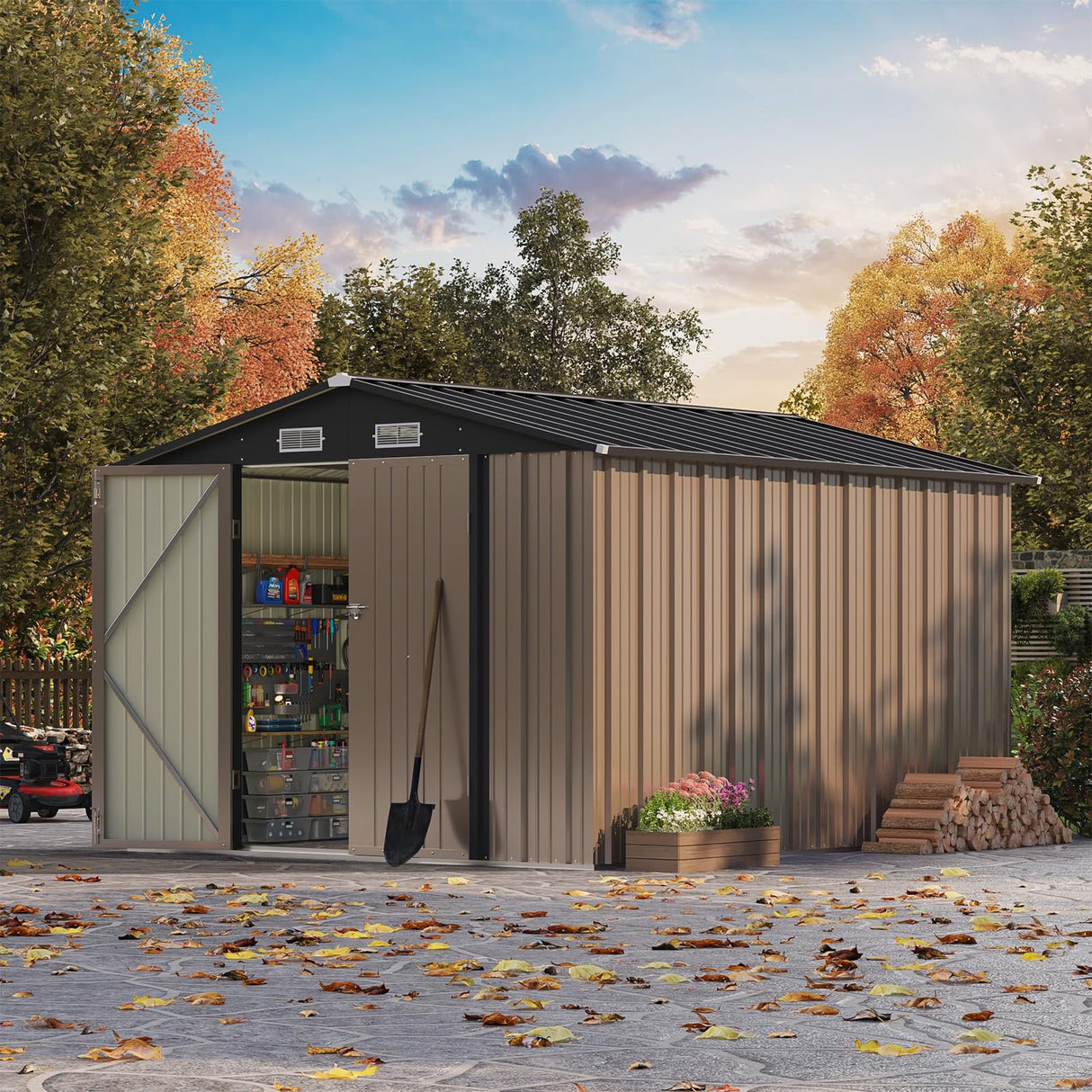 Patiowell 8x10 FT Outdoor Storage Shed, Large Garden Tool Metal Shed with Sloping Roof and Double Lockable Door, Outdoor Shed for Backyard Garden Patio Lawn, Brown Patiowell