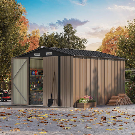 Patiowell 8x10 FT Outdoor Storage Shed, Large Garden Tool Metal Shed with Sloping Roof and Double Lockable Door, Outdoor Shed for Backyard Garden Patio Lawn, Brown Patiowell