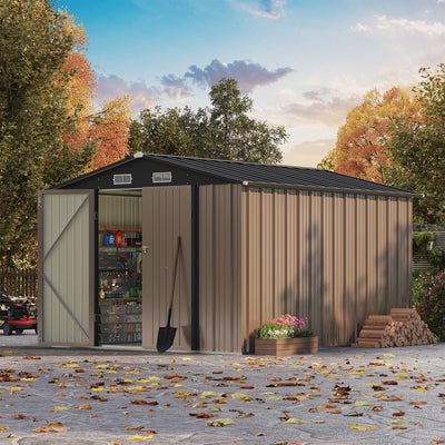 Patiowell 8x10 FT Outdoor Storage Shed, Large Garden Tool Metal Shed with Sloping Roof and Double Lockable Door, Outdoor Shed for Backyard Garden Patio Lawn, Brown