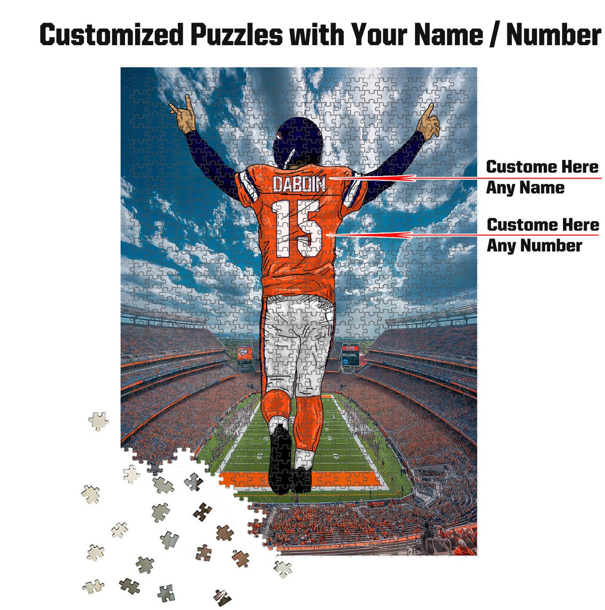Wooden Jigsaw Puzzles for Adults - Customized Name and Number on (Denver) Football Player with Home Field Advantage - 300 500 1000PCS Puzzles Game MBHappy