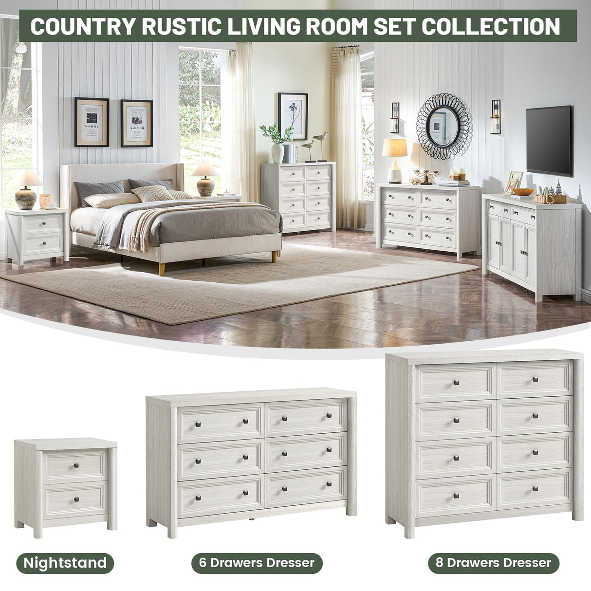 Standifurno Farmhouse 8 Drawers Dresser for Bedroom, 41" Tall Rustic Wood Chest of Drawers with Natural Texture, Metal Handle, White Storage Closet Dressers Organizer for Bedroom, Living Room, Hallway Standifurno