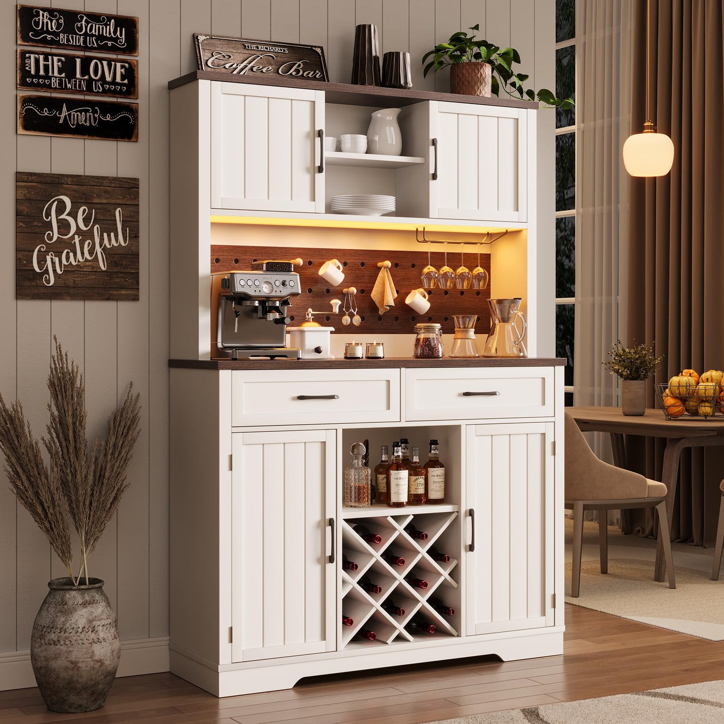 72" Coffee Bar Cabinet with Power Outlet & LED Light, Farmhouse Large Kitchen Hutch with Sliding Barn Door, Tall Bar Cabinets with Storage Drawers & Wine Glass Rack,Pantry China Cabinet for Home,White