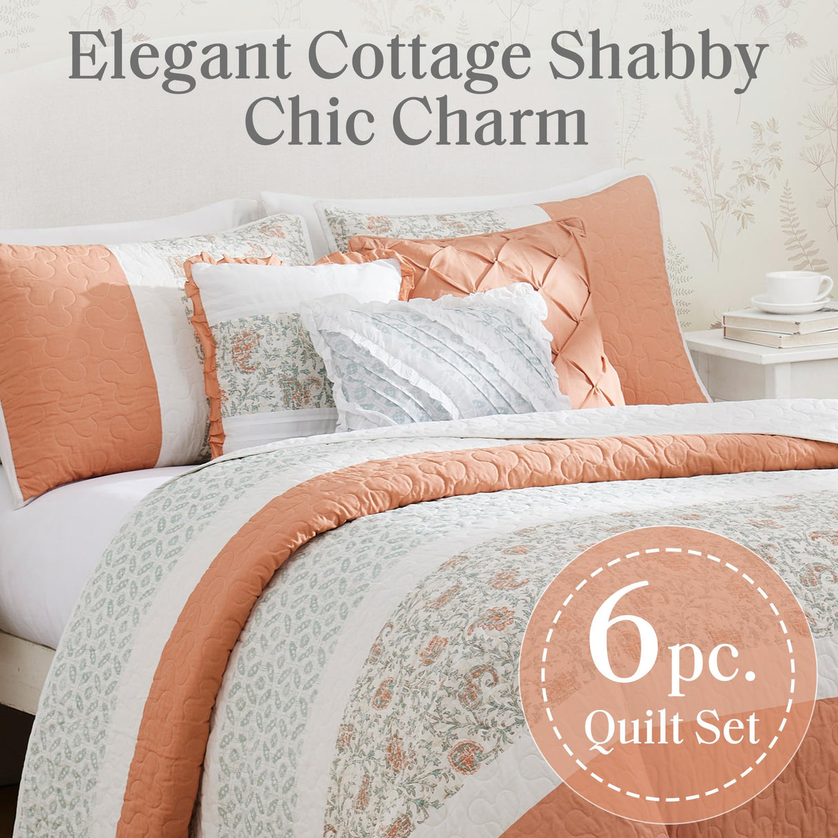 Madison Park 100% Cotton Quilt Set Floral Print, Double Sided Stitching, All Season, Lightweight Coverlet Shabby Chic Bedding Layer, Matching Shams, Full/Queen, Coral 6 Piece Madison Park