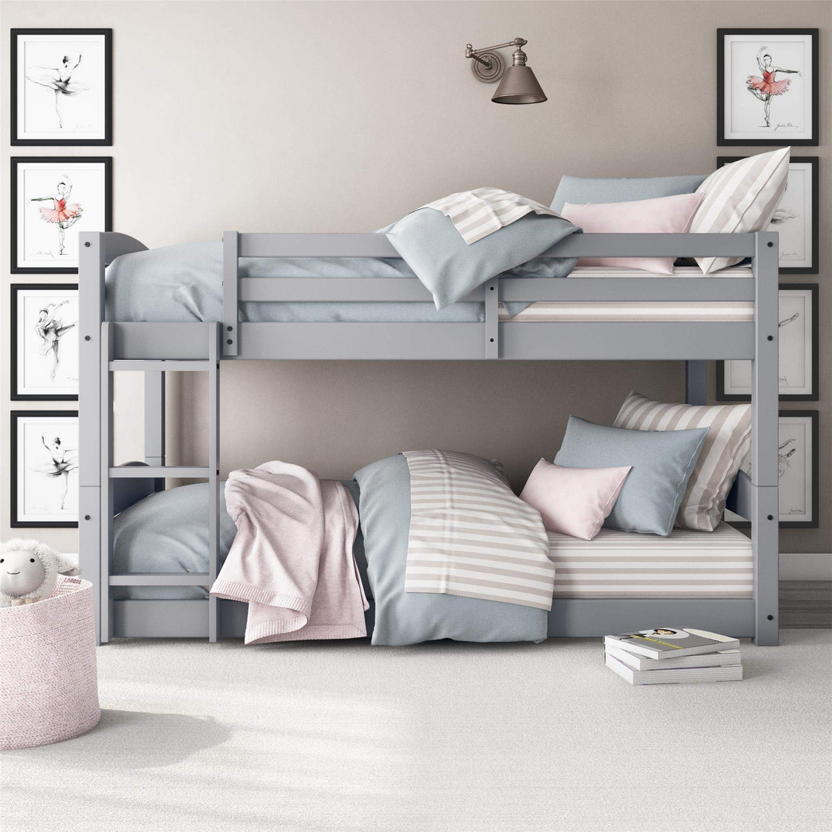 DHP Phoenix Convertible Low Wood Floor Bunk Bed, Stackable and Detachable Bed Frames for Kids, Solid Wood, with Ladder, High Guardrail, Wood Slats, No Boxspring Required, Twin-Over-Twin, Gray DHP