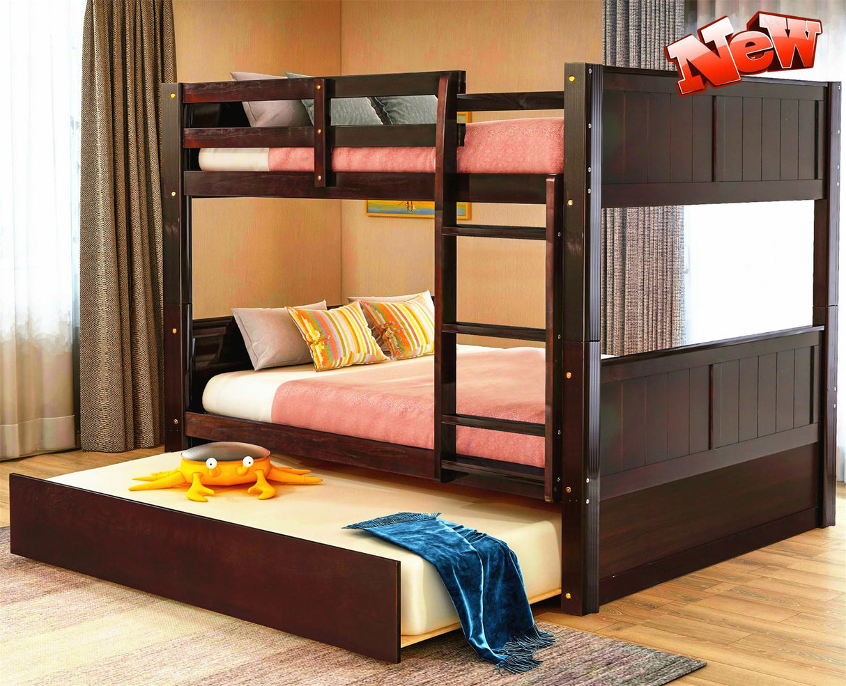 TSAMPA Latest Upgraded & Stronger Heavy Duty Solid Wood Full Over Full Bunk Bed with Trundle, Thickened Safer Convertible Bunkbed Frame (Easier to Assemble) (Espresso) TSAMPA