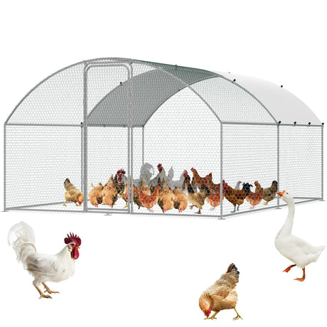 VEVOR Large Metal Chicken Coop with Run, Walkin Poultry Cage for Yard with Waterproof Cover, 13.1 x 9.8 x 6.4 ft Peaked Hen House, Duck and Rabbit, Silver, Spire Roof VEVOR