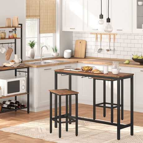 HOOBRO Rustic Brown Bar Table Set with Stools - Space-Saving Pub Dining Solution HOOBRO