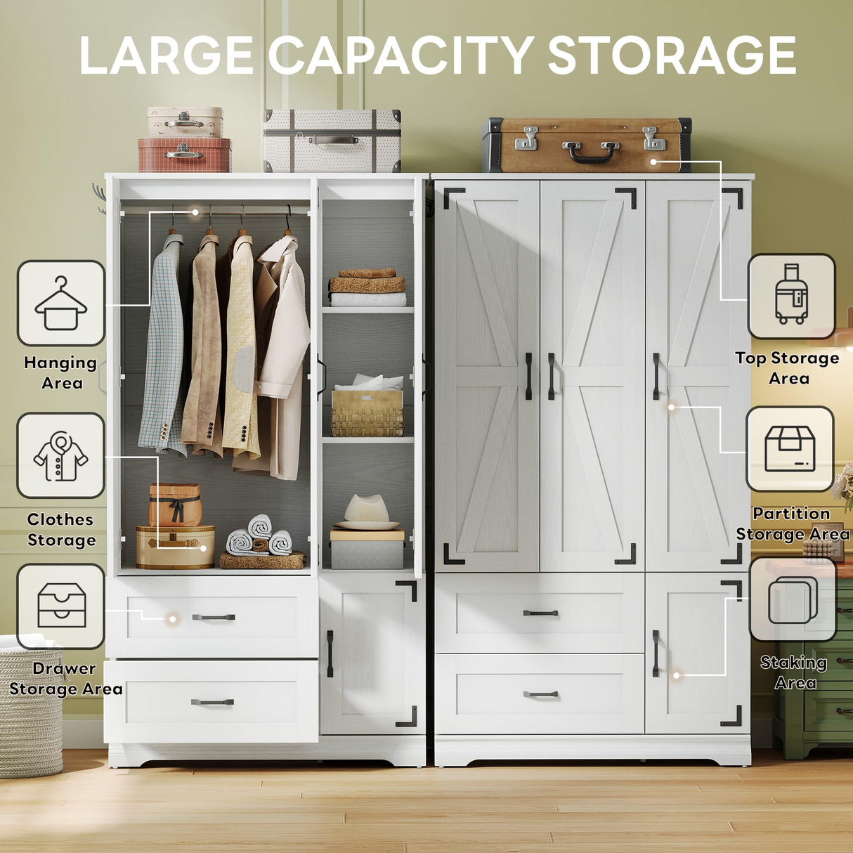 LIKIMIO Armoire Wardrobe Closet 71" H, Bedroom Wooden Wardrobe with 4 Doors and 2 Drawers, Farmhouse Clothing Storage Cabinet Combination with Hanging Rod, Shelves, and Hooks, White LIKIMIO