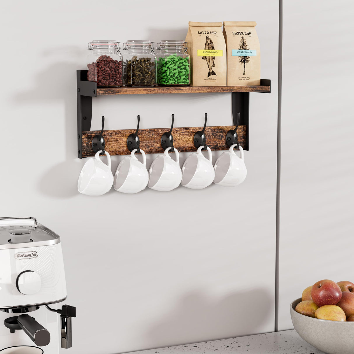 FNBAR Wall Hooks with Shelf, Wood Coat Rack with Shelf Wall-Mounted, Entryway Hanging Shelves with 5 Metal Hooks for Clothes Hats Towel Purse Robes, Bathroom Mudroom Bedroom, Rustic Brown FNBAR