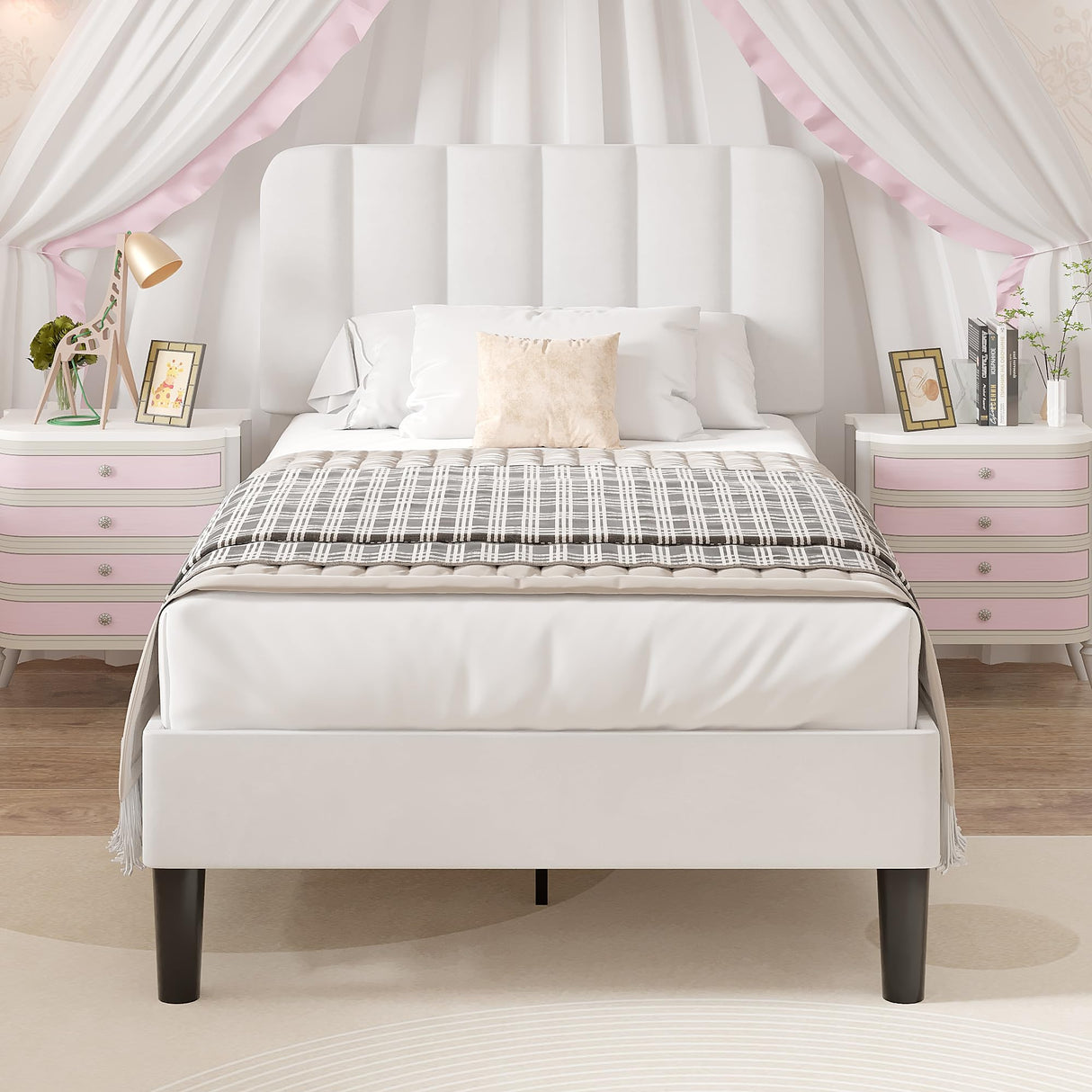 VECELO Twin Size Bed Frame with Upholstered Headboard, Velvet Platform Bedframe Mattress Foundation, Strong Wood Slat Support, No Box Spring Needed,White VECELO