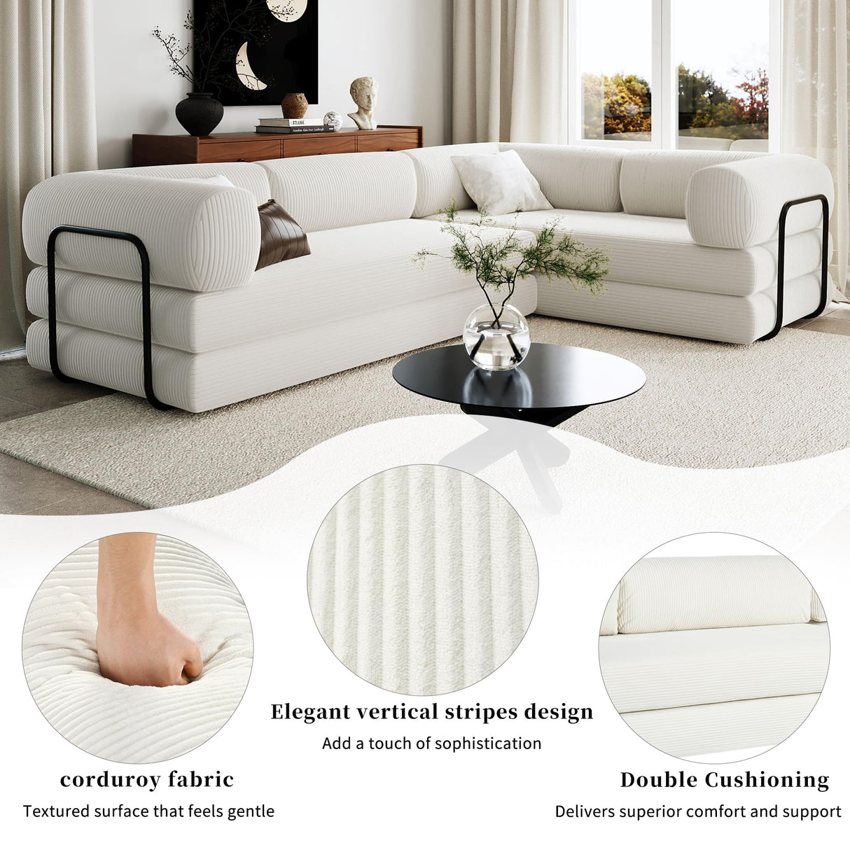 Merax L-Shaped Modular Sofa Bed in Corduroy Fabric, Convertible Sleeper Sofa Bed, 4 Seat Floor Couch for Living Rooms and Apartments, No Assembly Required, Beige Merax