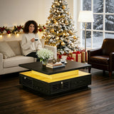 IRONCK Mid Century Modern Coffee Table with LED Lights & Charging Station, 4 Storage Drawers with Grille Design, Square Wood Coffee Table for Living Room Office, (Black) IRONCK