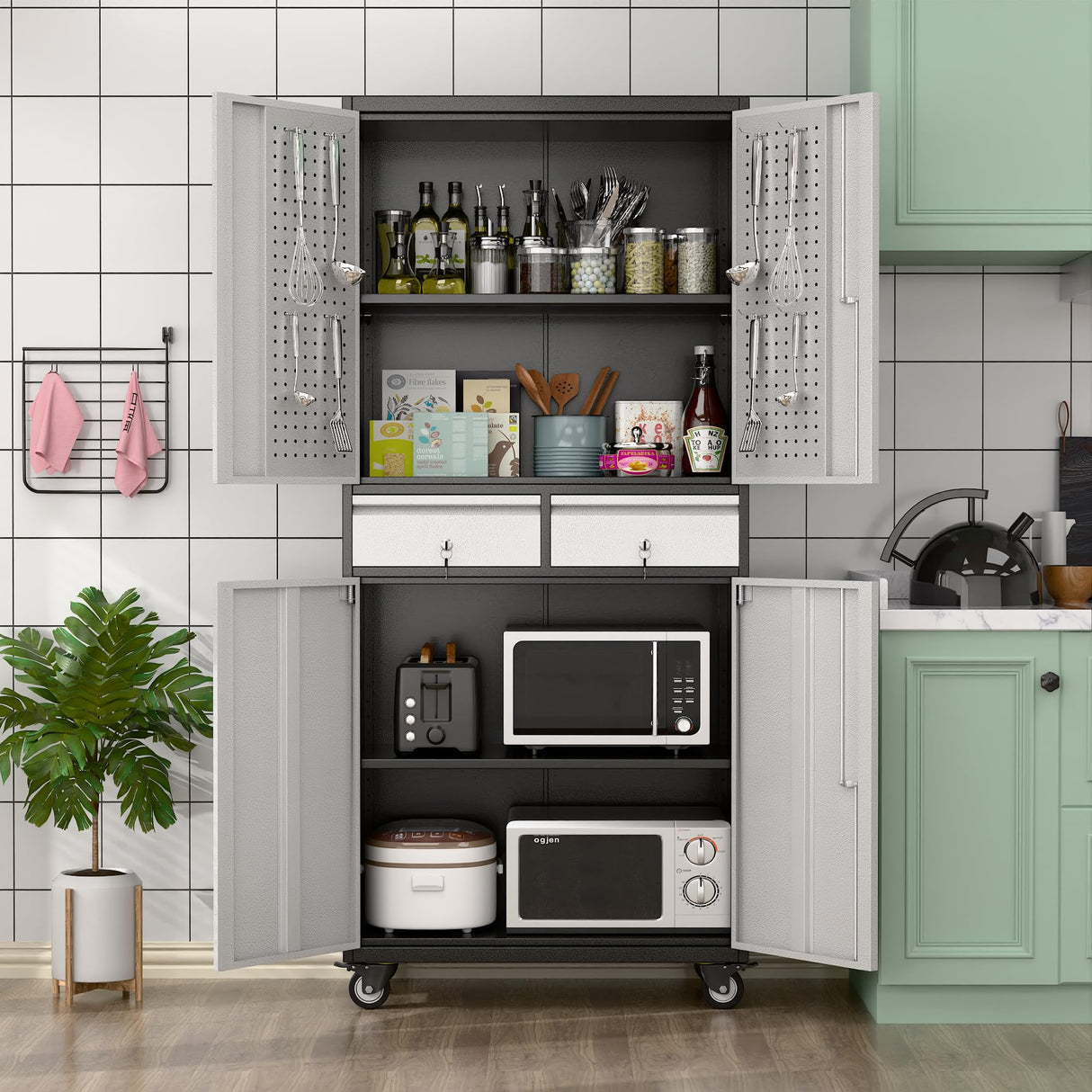 METALYEYE 71''H Metal Storage Cabinet with Wheels & Pegboard,Rolling Lockable Tool Cabinet with Adjustable Shelves & 2 Drawer for Garage,Offices,Homes,Pantries Assembly Required METALYEYE