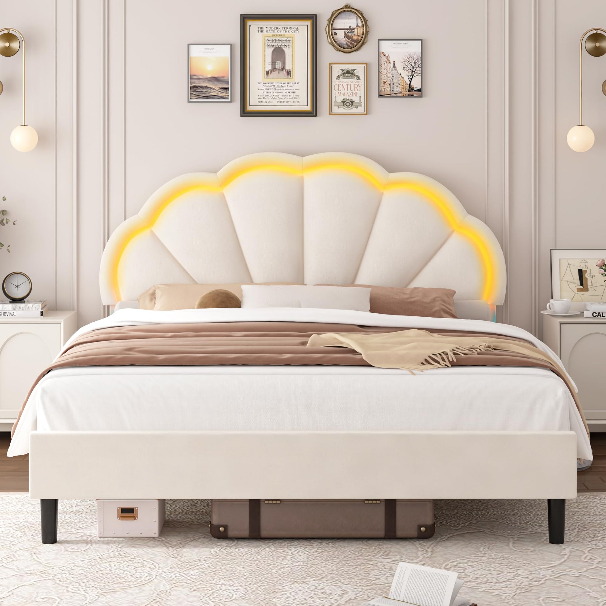 HIFIT King Size Upholstered LED Bed Frame with Adjustable Elegant Flowers Headboard in Beige - WoodArtSupply