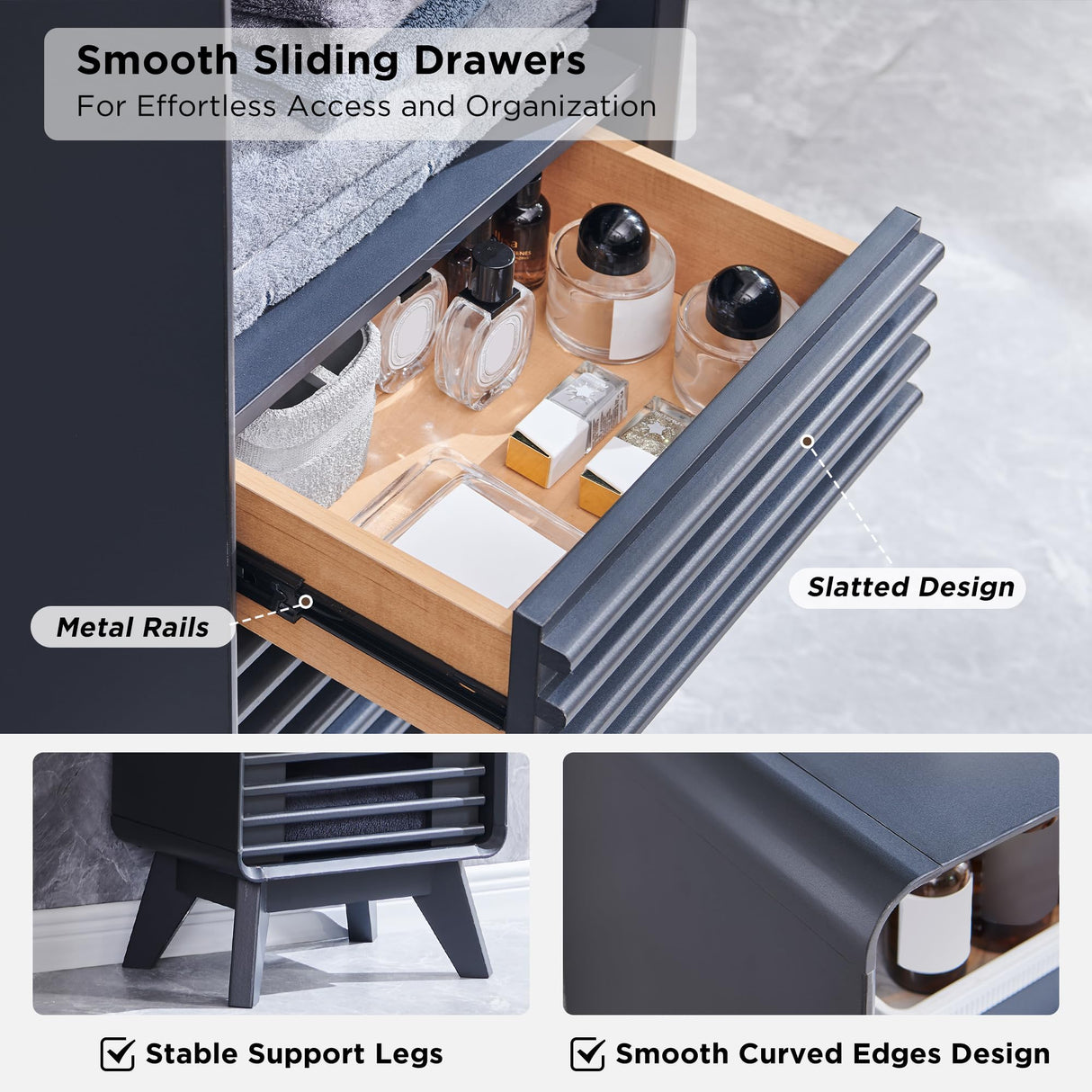 OKD 68" Tall Bathroom Storage Cabinet, Mid-Century Linen Tower with Drawer, Adjustable Shelf, Slatted Hinged Door, Curved Edges, Space-Saving Organizer for Bathroom, Kitchen, Living Room - Dark Grey OKD