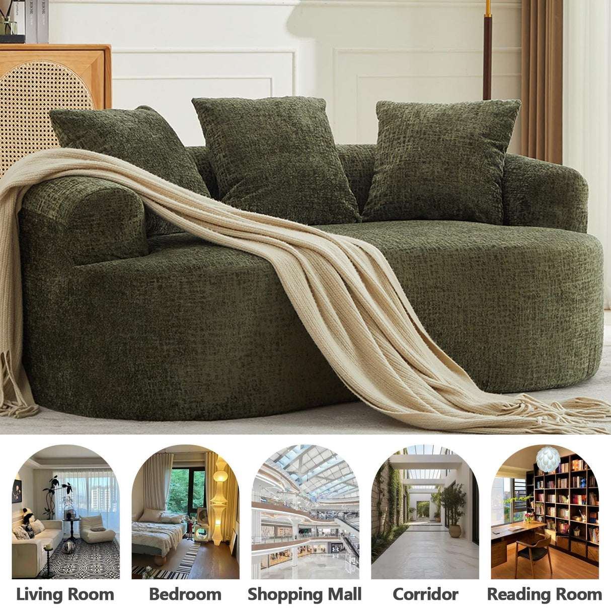 61" Curved Loveseat Sofa with 3 Pillows, Small Boneless Couch in a Box, Chenille Cloud Loveseat for Living Room Bedroom Small Space Apartment, Memory Foam, Modern, No Assembly (Green) Thctvous