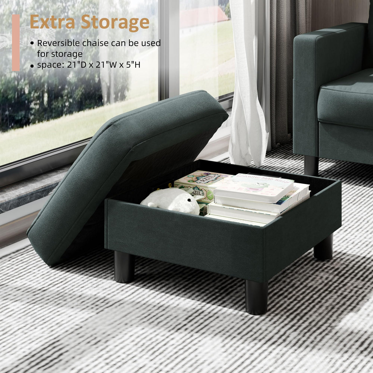 Shintenchi 76" Modern Upholstered Sectional Sofa, L-Shaped Couch with Storage Ottoman and Reversible Chaise for Living Room, Dark Gray Linen Fabric Shintenchi