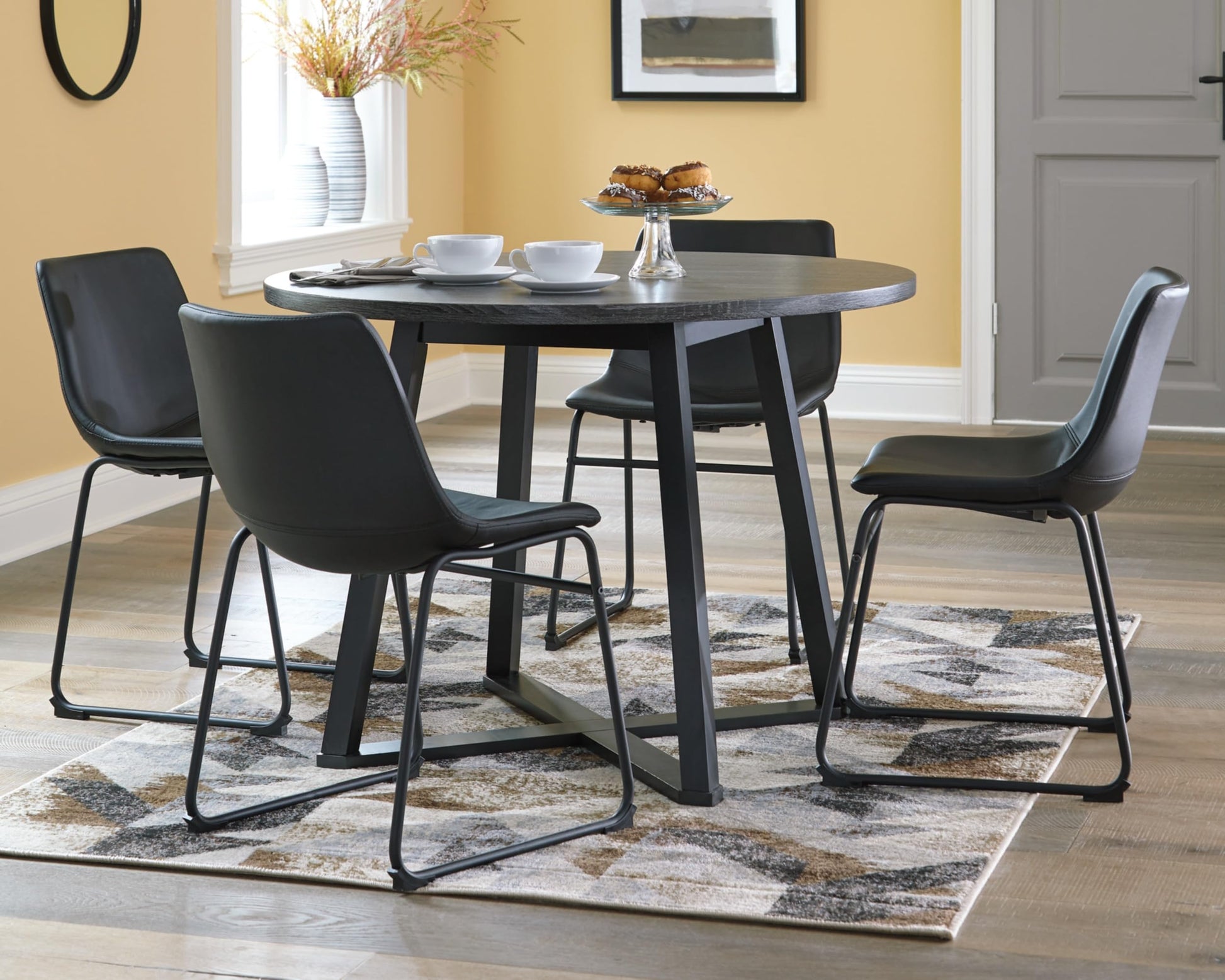 Signature Design by Ashley Centiar Mid Century Round Dining Room Table with Metal Legs, Gray & Black - WoodArtSupply