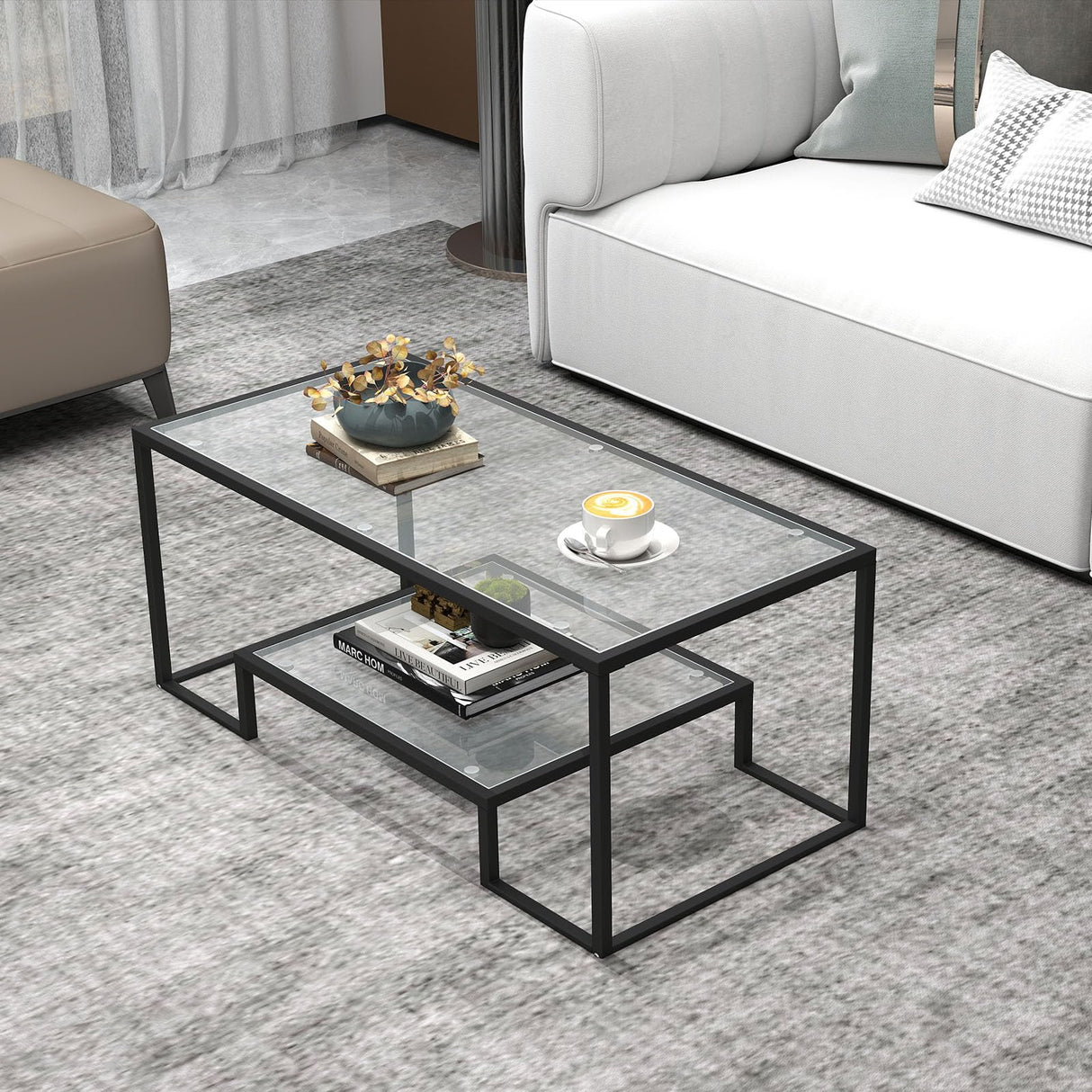 Kebynti 42" Rectangular Glass Coffee Table for Living Room, 2-Tier Center Tea Table with Metal Frame for Small Space, Apartment, Office (Black) Kebynti