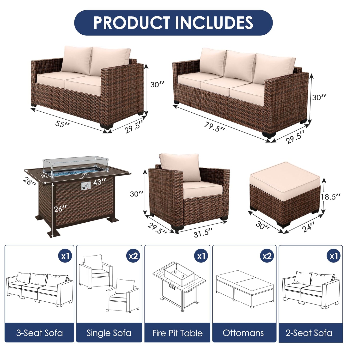 Amopatio Outdoor Patio Furniture Sets, 10 Pieces Wicker Patio Furniture, Outdoor Sectional Patio Couch Set with Ottoman, Patio Conversation Set with 44" Gas Fire Pit (Khaki) - WoodArtSupply