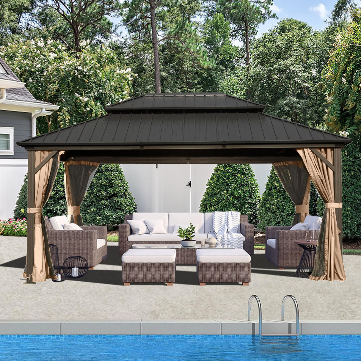 Domi 10'x14' Hardtop Gazebo Canopy Metal,Outdoor Aluminum Gazebo with Galvanized Steel Double Roof,Curtain and Netting,Permanent Gazebo Pavilion for Patio Deck,Backyard domi outdoor living