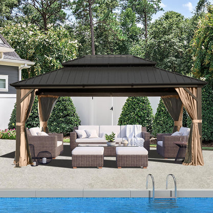 Domi 10'x14' Hardtop Gazebo Canopy Metal,Outdoor Aluminum Gazebo with Galvanized Steel Double Roof,Curtain and Netting,Permanent Gazebo Pavilion for Patio Deck,Backyard - WoodArtSupply