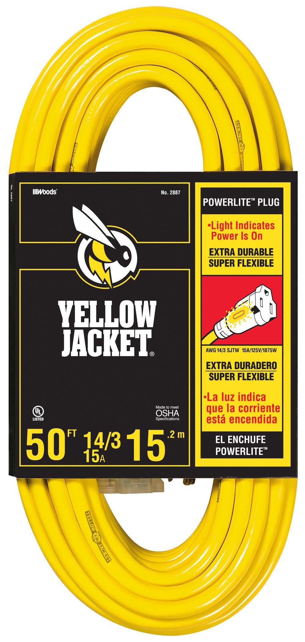Yellow Jacket Medium Duty Extension Cord, 50Ft, 14 Gauge, 3 Conductor, Lighted End, Weather Resistant, SJTW, Yellow, 2887 Yellow Jacket