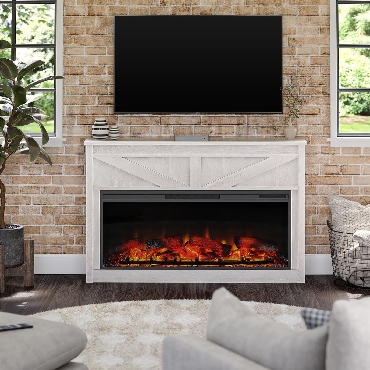 Ameriwood Home Farmington Wide Modern Farmhouse Mantel with Electric Fireplace, 49", Ivory Oak Ameriwood Home