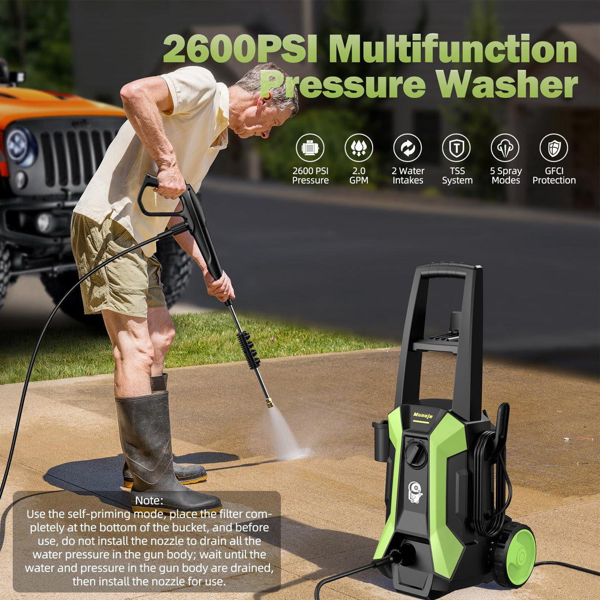 Electric Pressure Washer, 2600PSI Max 2.0 GPM Power Washer with 4 Nozzles, Foam Cannon & Spray Gun, IPX5 High Pressure Washer with 23FT Hose & 16.5FT Power Cord, for Floor/Cars/Fences/Patios Munoje