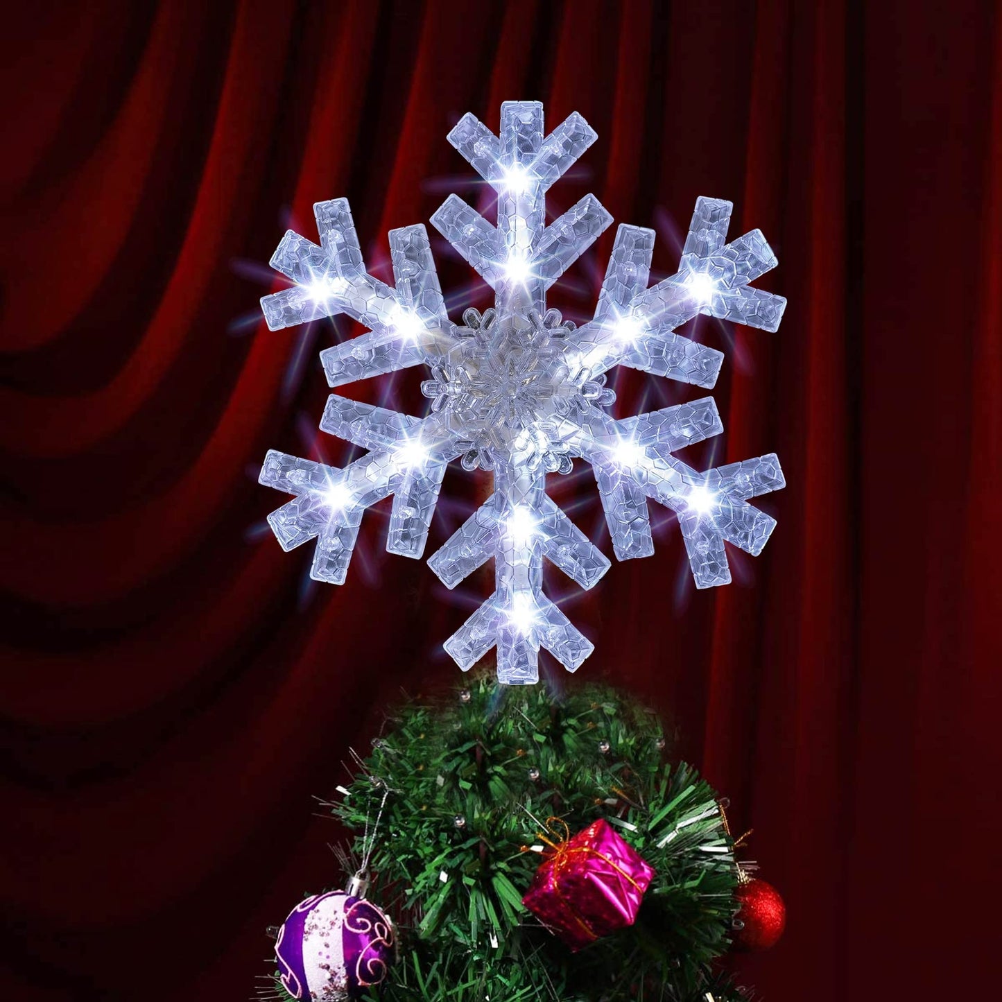 Dazzle Bright Snowflake Christmas Tree Topper, 9 inch Christmas Tree Topper Ornament with 15 White LED Lights, Lighted Tree Topper Christmas Decorations for Xmas Indoor Holiday Decor