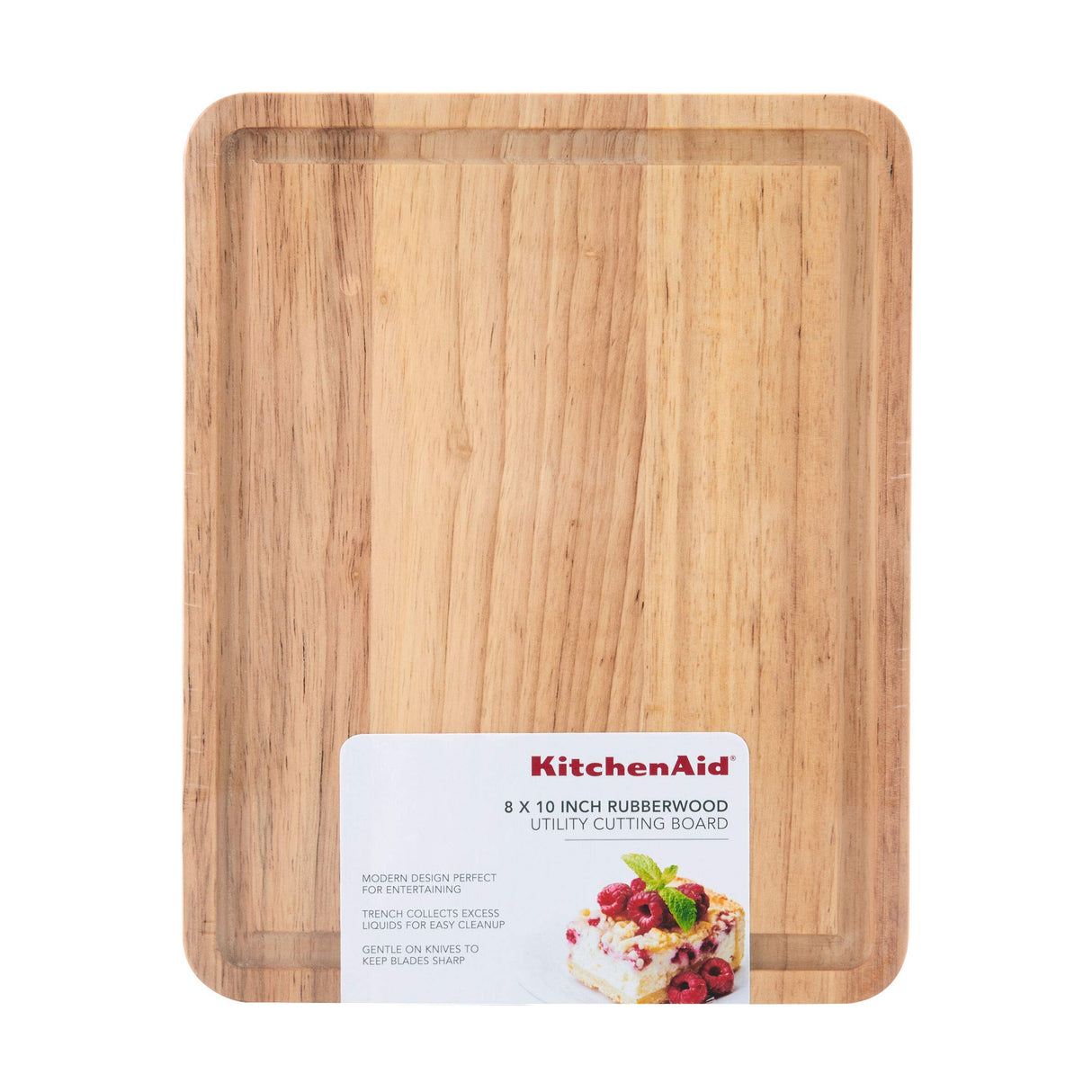 KitchenAid Classic Rubberwood Cutting Board with Perimeter Trench, Reversible Chopping Board, 8-inch x 10-Inch, Natural KitchenAid