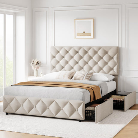 GAOMON Full Size Bed Frame with 4 Storage Drawers and Headboard, Linen Upholstered Platform Bed Frame with Wooden Slats Support, Diamond Stitched Button Tufted, No Box Spring Needed, Beige GAOMON