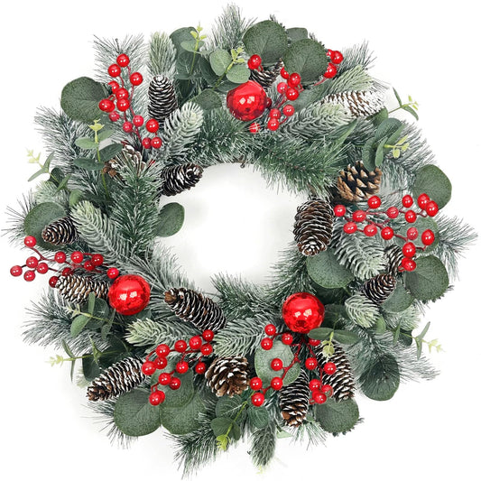 podafu 22 Inch Christmas Wreath Christmas Wreaths for Front Door Artificial Winter Wreath with Red Balls Holly Berries Pine Cones and Eucalyptus Leaves for Xmas Holiday Wall Fireplace Porch