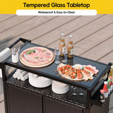 MU Outdoor Bar Cart with Storage and Wheels, Outdoor Bar Table with Tempered Glass Top & Shelf, Rolling Wicker Storage Cabinet with Rounded Handle & Side Basket for Backyard, Poolside, Garden, Black MU