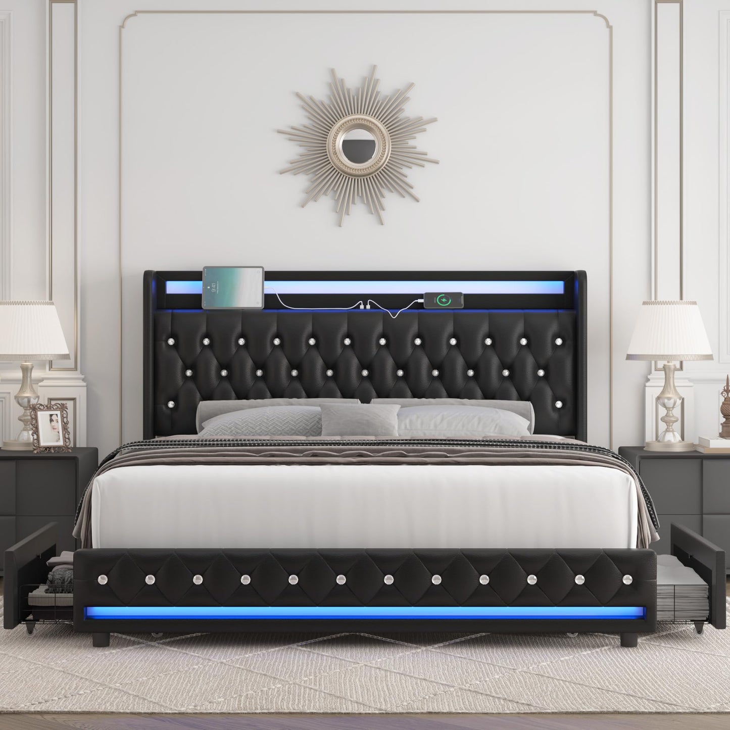 HIFIT Queen LED Bed Frame with USB Charging Station, Diamond Tufted Headboard, and 4 Storage Drawers – Black PU Upholstered Platform Bed - WoodArtSupply