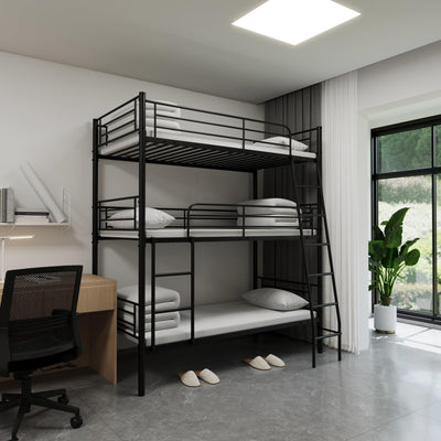 Zyerch Twin Triple Bunk Bed, Metal Triple Bunk Bed Frame, Bunk Bed Twin Over Twin with Safety Guardrails for Kids/Teen/Adults Bedroom, Dormitory, Black