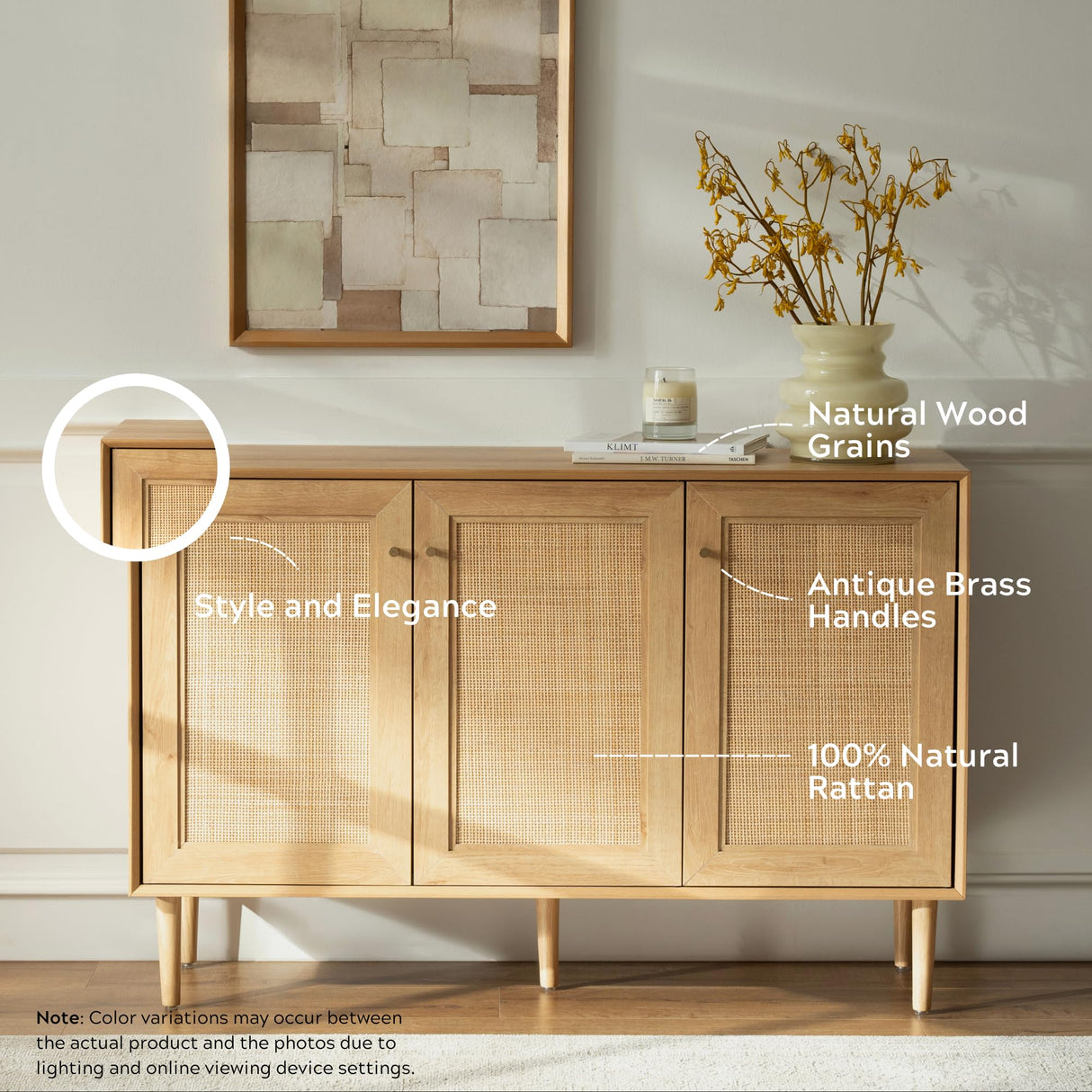 EYYTHUNG Rattan Storage Cabinet with 3 Doors, Boho Sideboard Buffet Cabinet Solid Wood Farmhouse Credenza Cabinet with Adjustable Shelves for Living Room Kitchen Entryway Hallway, Natural Oak EYYTHUNG