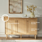 EYYTHUNG Rattan Storage Cabinet with 3 Doors, Boho Sideboard Buffet Cabinet Solid Wood Farmhouse Credenza Cabinet with Adjustable Shelves for Living Room Kitchen Entryway Hallway, Natural Oak EYYTHUNG