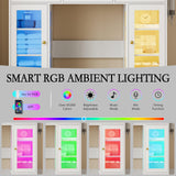 Makeup Vanity Desk with Mirror and Lights, Glass Top Vanity Table Set with Drawers & Power Outlet, Large Dressing Table with 3 Color Lighting Modes & RGB Cabinets for Women Girls Kids Bedroom, White Xixini